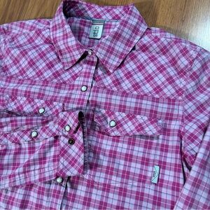 Stio Eddy Pearl Snap Button Up Shirt Long Sleeve Bloom Pink Check Women's Size L